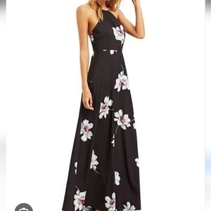 Floerns Black Floral Print Halter Dress Large